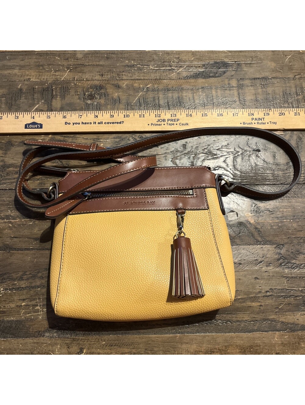St. John’s Bay Quincy Crossbody Bag Yellow Brown Faux Leather Purse Tassel Zip